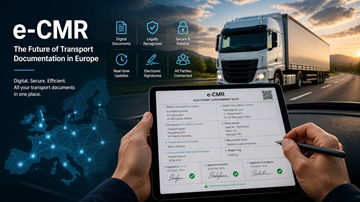 Возач користи таблет са дигиталним CMR документом током превоза камионом у Европи, што представља модерну дигитализацију логистике